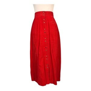Vintage 80s Red Corduroy Midi Skirt 14 M/L Casual Colorful Boho Retro Librarian